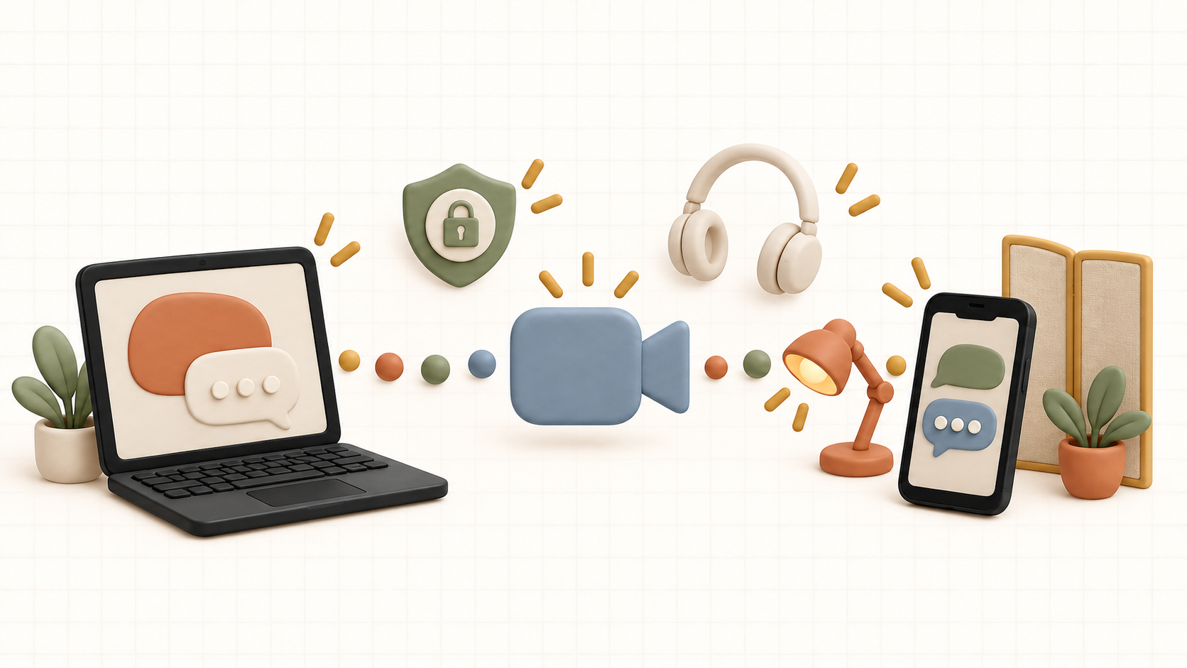 A laptop and phone connect through a video-camera symbol surrounded by a privacy shield, headphones, lamp, and room divider