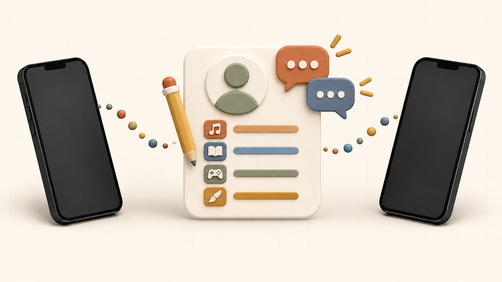 Two phones surrounding a friendship profile card with interests, a pencil, and chat bubbles