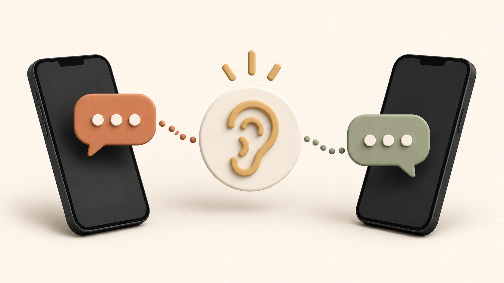 Two phones exchanging chat bubbles through a central listening symbol
