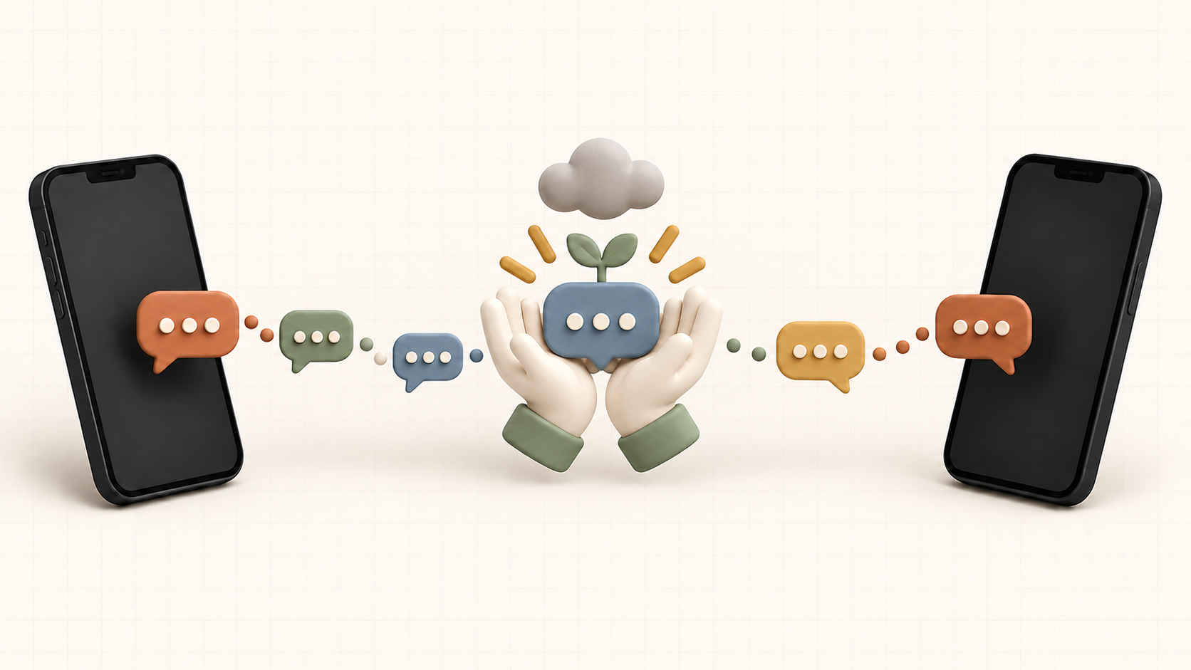 Two phones exchanging chat bubbles while supportive hands hold a message beneath a cloud and growing sprout