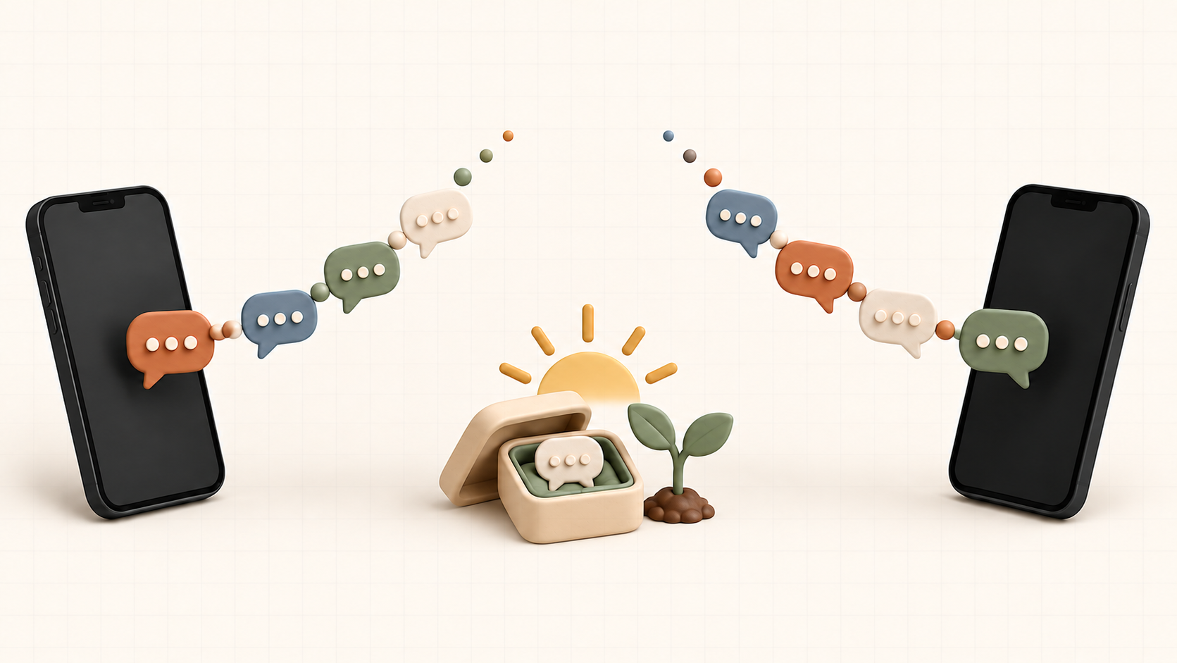 Two phones with chat bubbles following separate paths above a keepsake box, sunrise, and new sprout