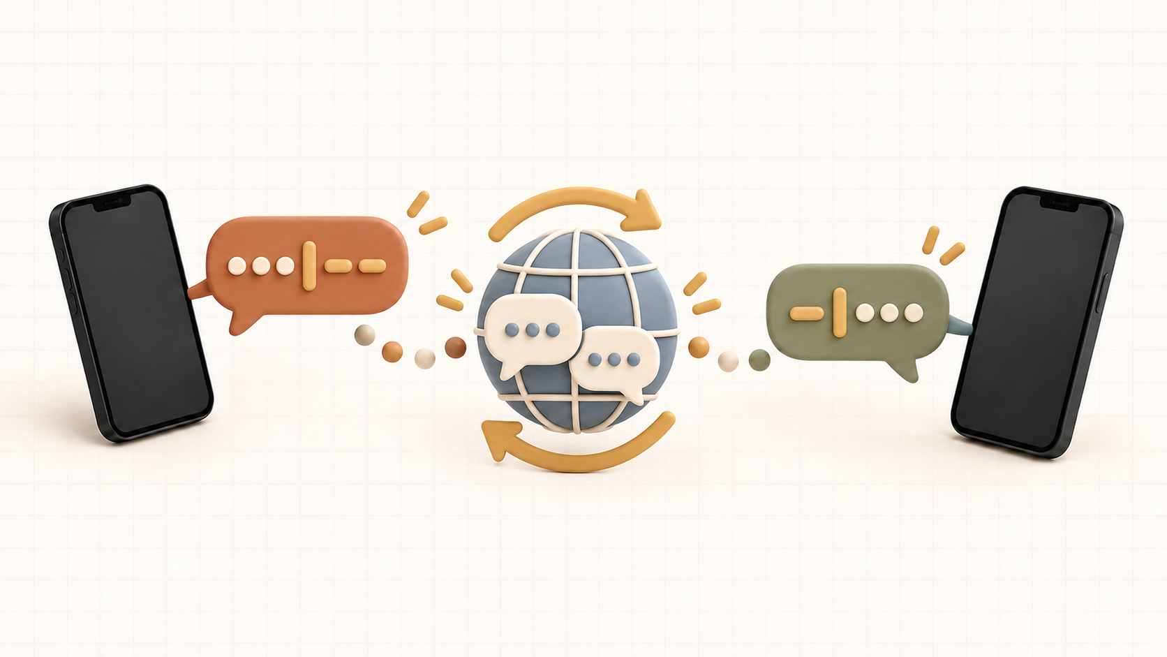 Two phones exchange abstract messages through a globe, directional arrows, and translated chat bubbles