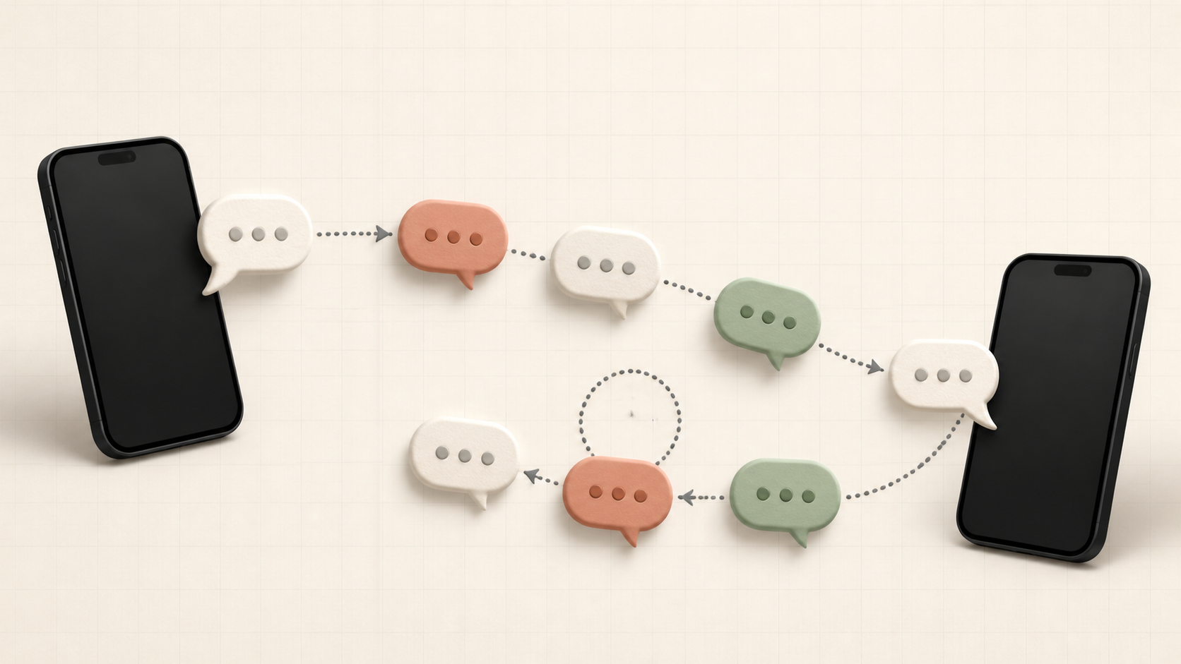 Two phones connected by a continuous flow of conversation replies