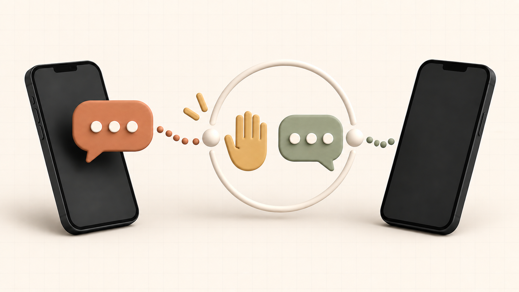 Two phones with chat bubbles separated by a calm boundary circle and pause hand