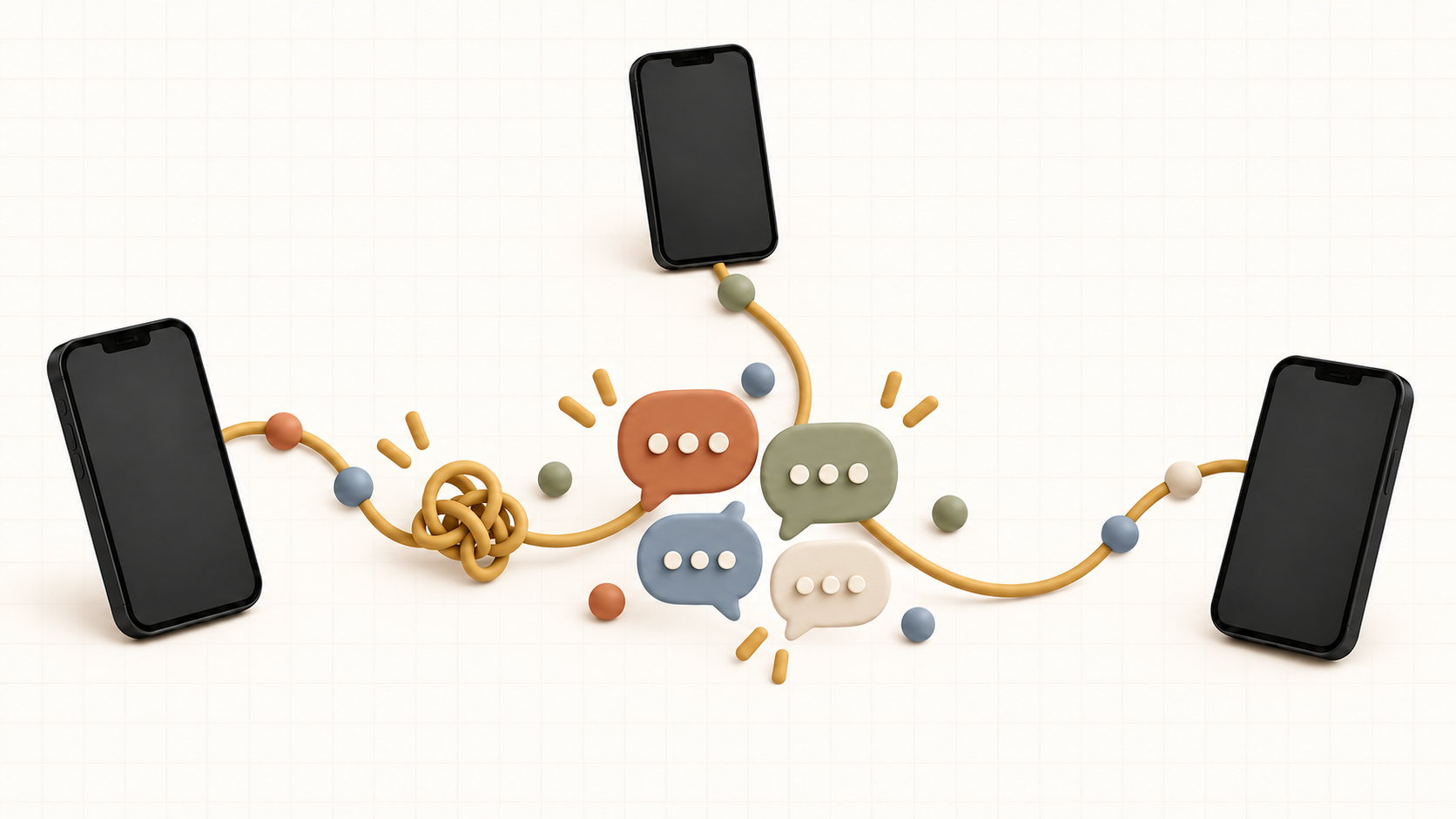 Three phones connect through colorful chat bubbles as a knotted golden line opens into balanced paths