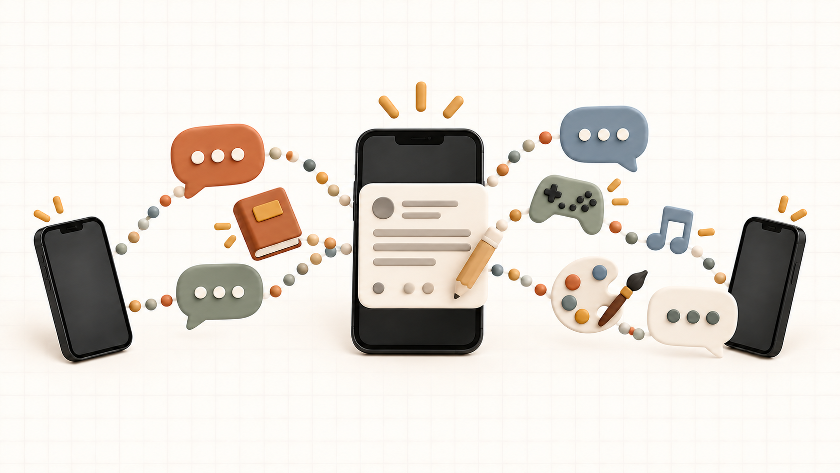 A phone displays an abstract friendship post that sends colorful paths toward hobby symbols, chat bubbles, and other phones