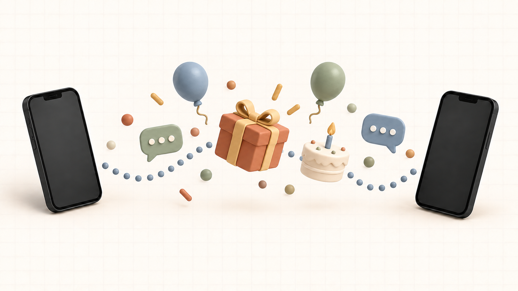 Two phones exchanging a digital birthday gift surrounded by balloons, a cake, chat bubbles, and confetti