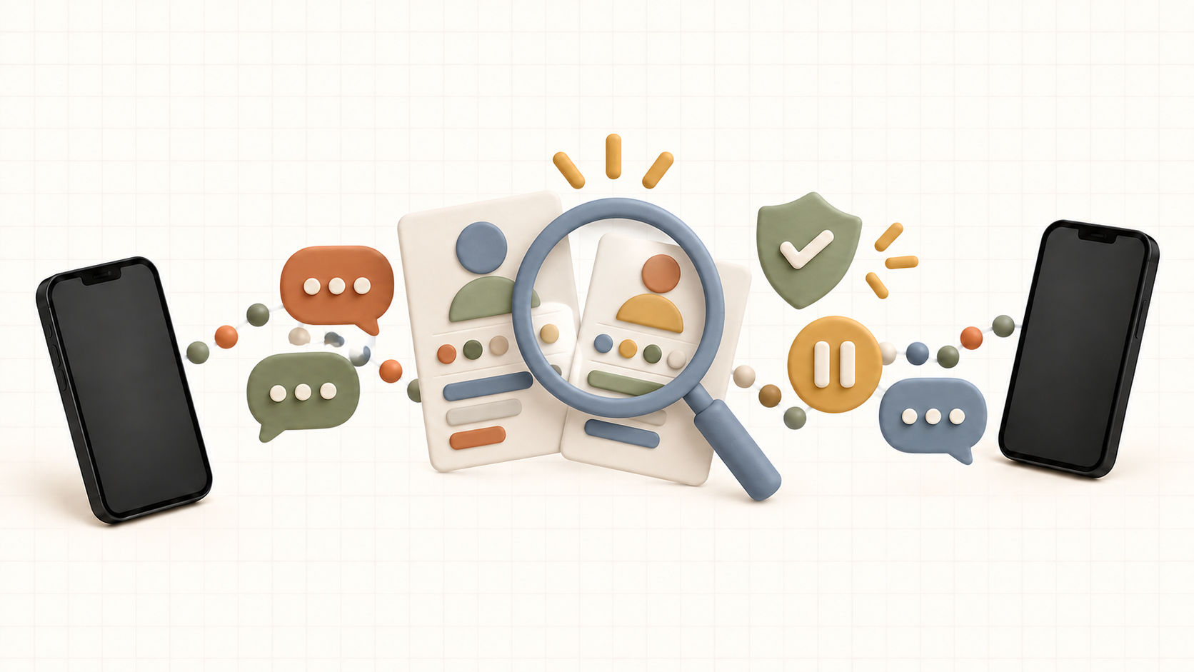 A magnifying glass compares conflicting profile cards between two phones, chat bubbles, a shield, and a pause symbol