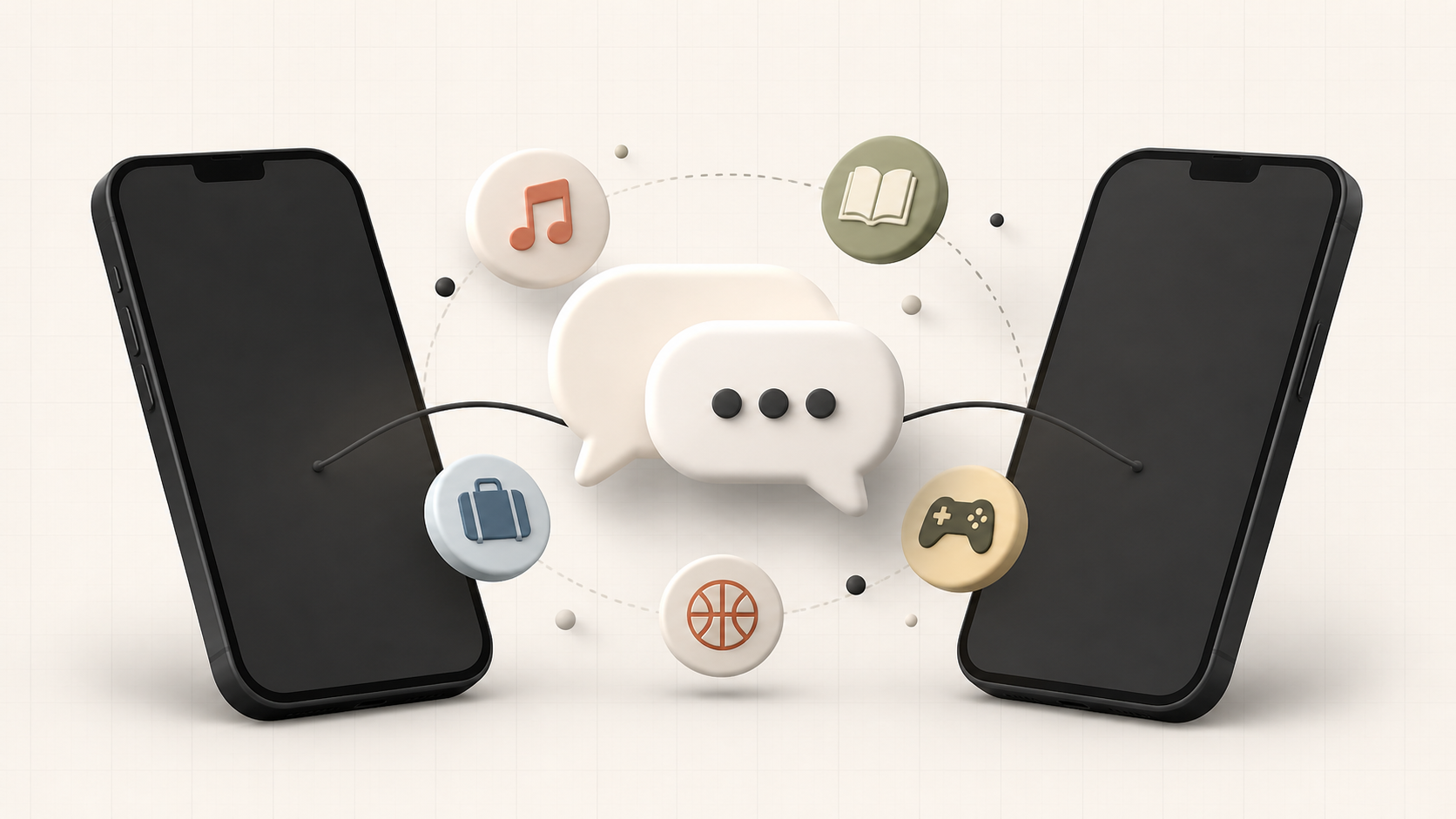 Two phones connected by conversation bubbles and shared-interest symbols