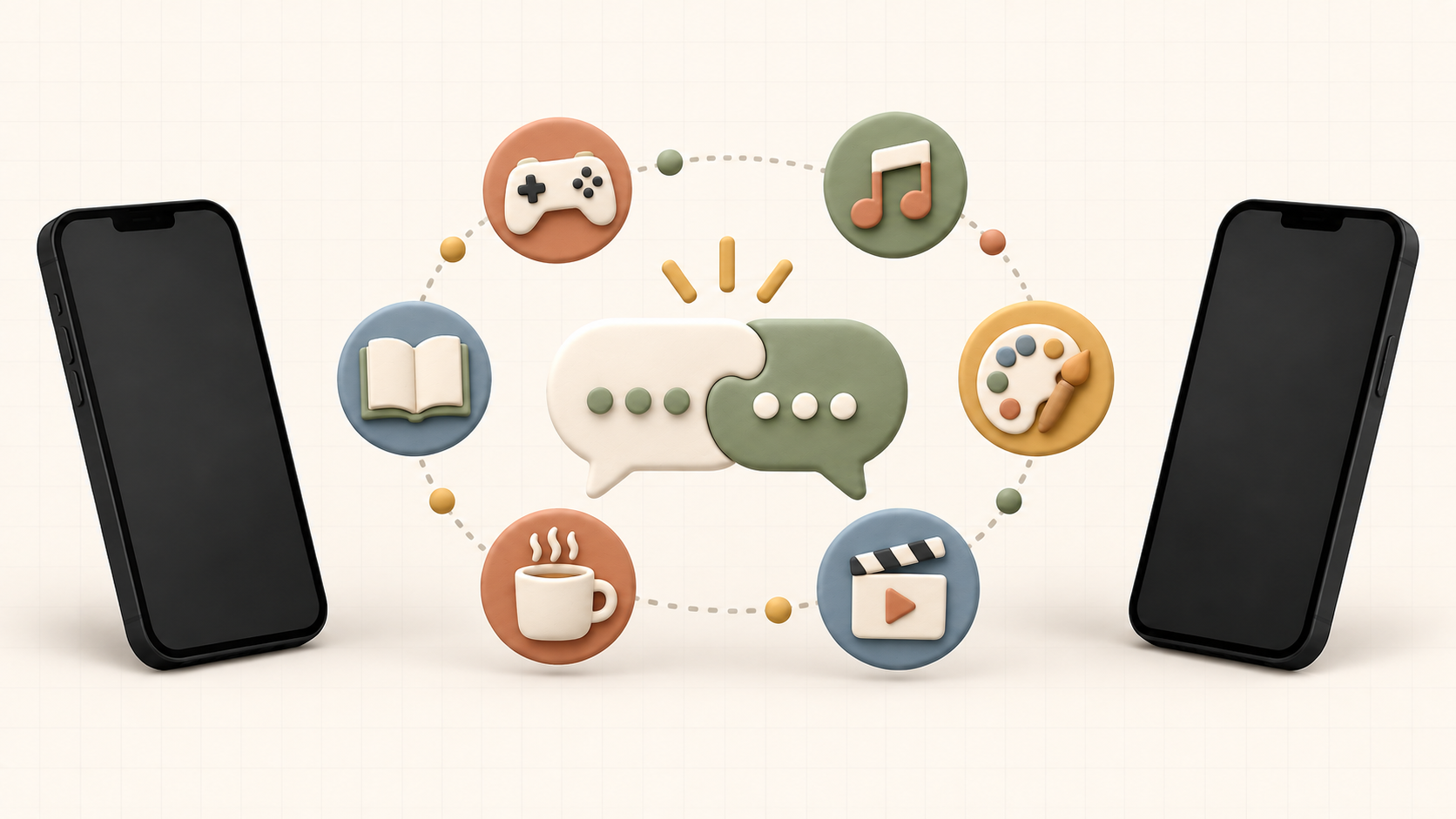 Two phones connected by chat bubbles and colorful icons for games, music, books, films, art, and coffee